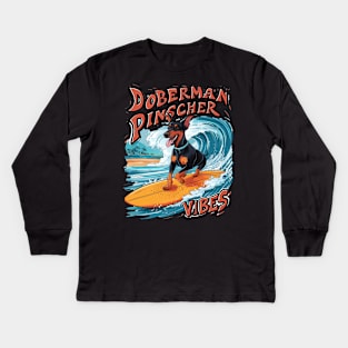 Surfing Doberman Pinscher Riding Tropical Wave Kids Long Sleeve T-Shirt